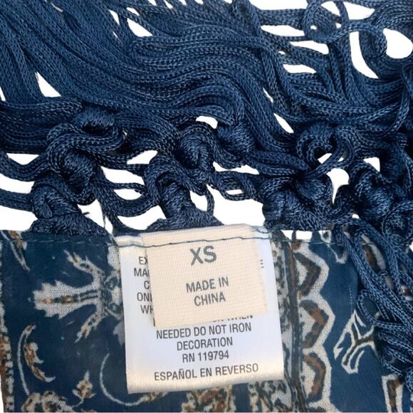 Boho Western Teal Blue Tan Brown Print Bandana Neck Scarf Size XS Fringe - Picture 8 of 11